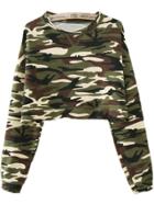 Romwe Army Green Camouflage Long Sleeve T-shirt