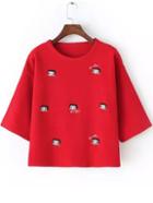 Romwe Cartoon Embroidered Red Sweater