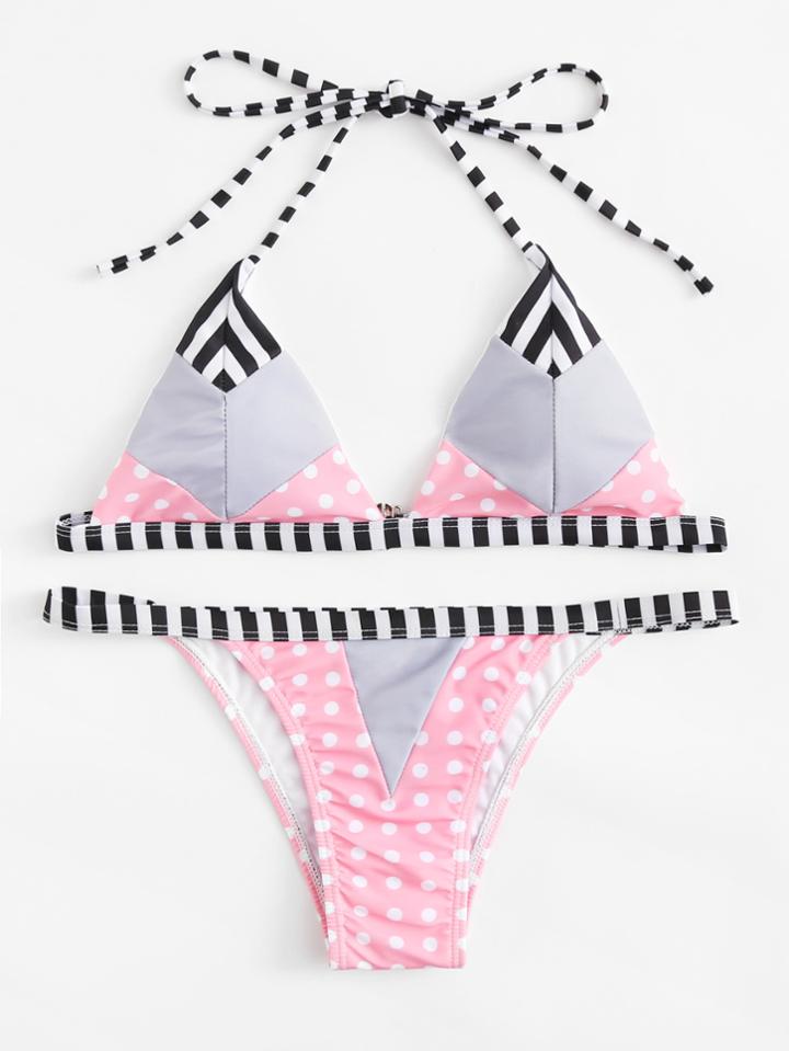 Romwe Polka Dot Spliced Bikini Set