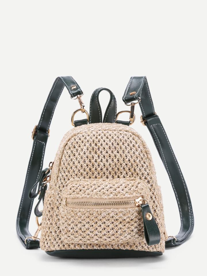 Romwe Zipper Front Straw Mini Backpack With Pu Strap