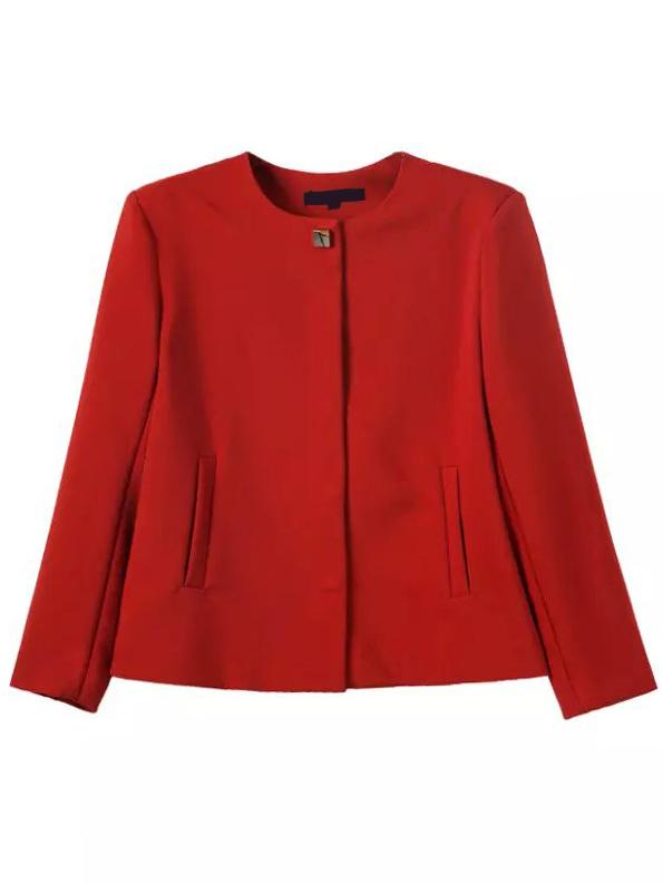 Romwe Round Neck Pockets Red Coat