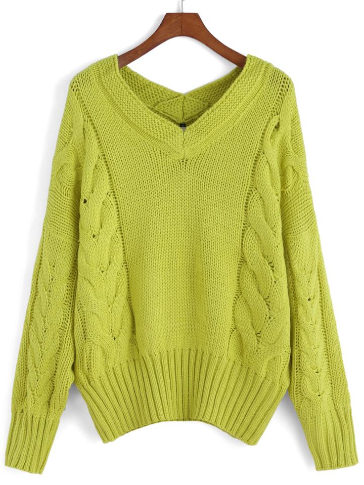 Romwe V Neck Cable Knit Dolman Sweater