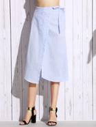Romwe Blue Vertical Striped Knotted Button Front Wrap Skirt