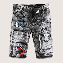 Romwe Guys Embroidery Patched Raw Hem Denim Shorts