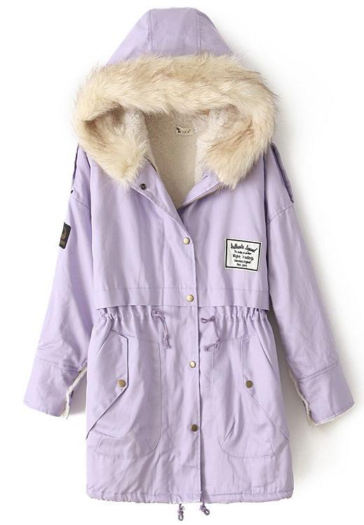 Romwe Zipper Embellished Fleece Inside Military Purple Coat