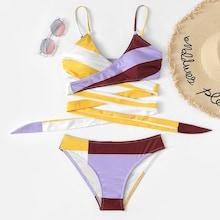 Romwe Wrap Colorblock Random Pattern Bikini Set