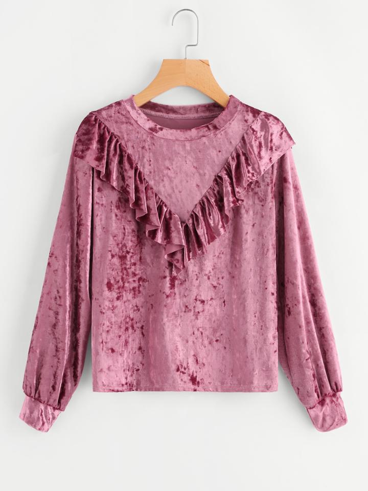 Romwe Crushed Velvet Frill Trim Pullover