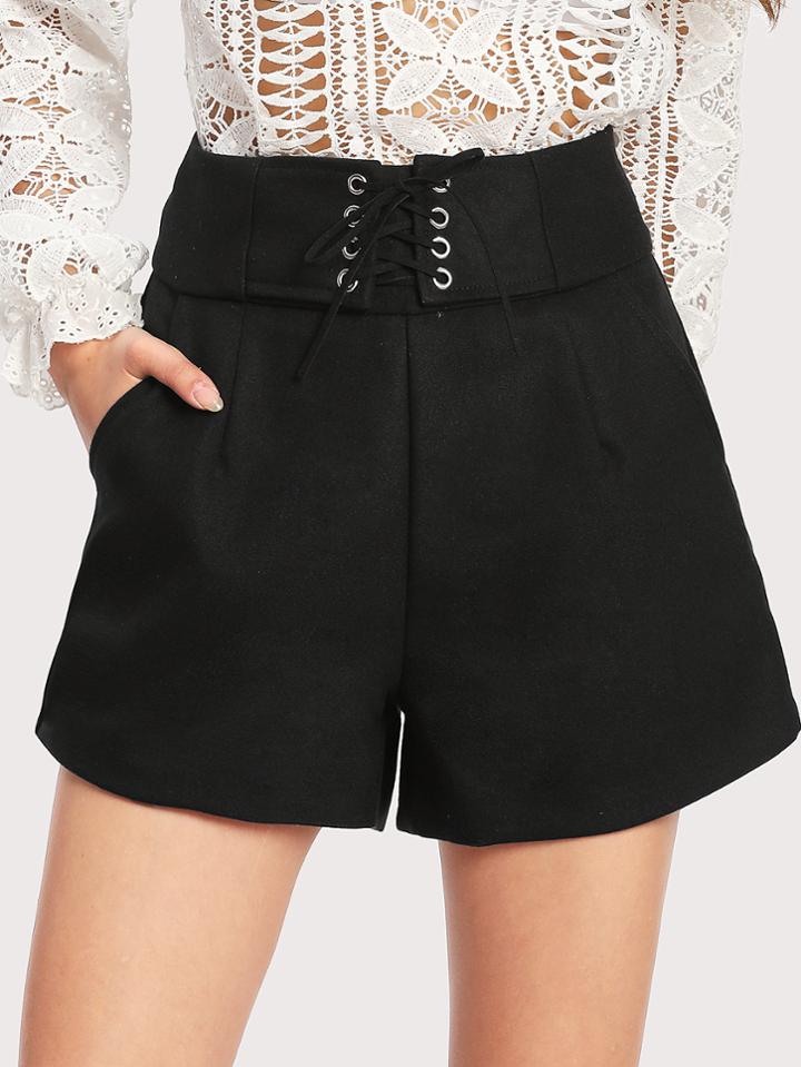 Romwe Eyelet Lace Up Zip Up Back Shorts