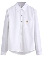 Romwe White Bull Embroidered Pocket Shirt