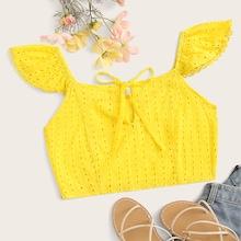 Romwe Eyelet Embroidery Knot Neon Yellow Crop Blouse