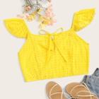 Romwe Eyelet Embroidery Knot Neon Yellow Crop Blouse