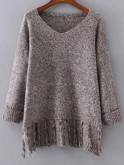 Romwe Coffee V Neck Rolled Cuff Fringe Hem Sweater