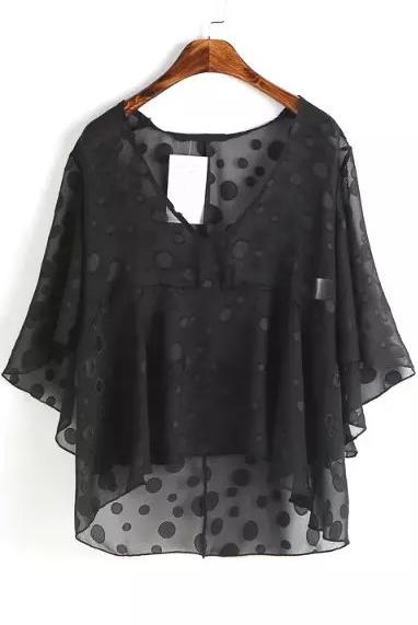 Romwe Dip Hem V Neck Black Top