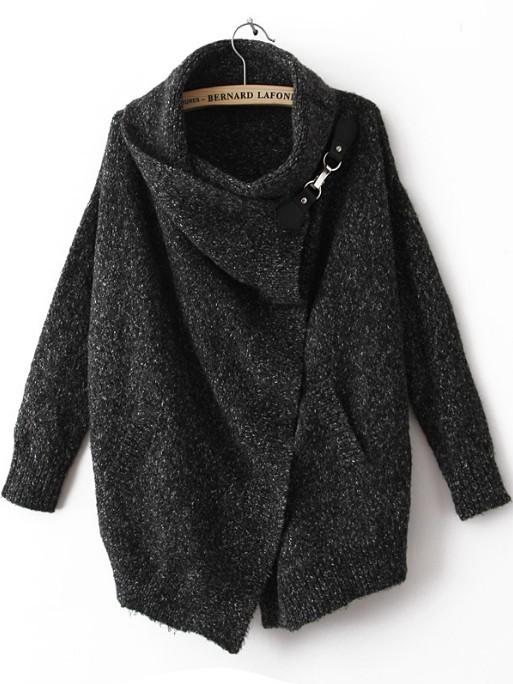 Romwe Black Lapel Long Sleeve Ouch Cardigan Sweater