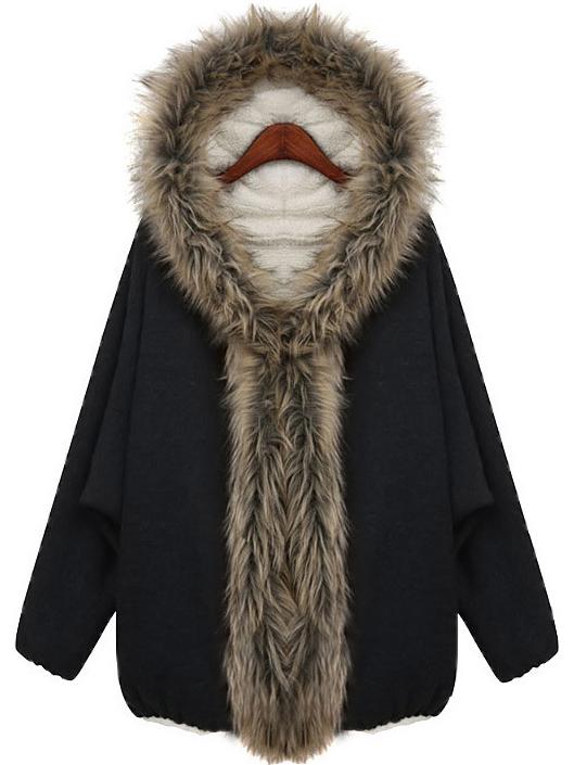 Romwe Women Hooded Loose Black Coat