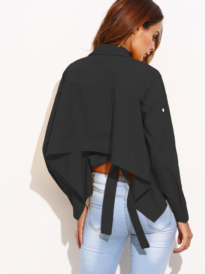 Romwe Black Roll Tab Sleeve Tie Back High Low Blouse