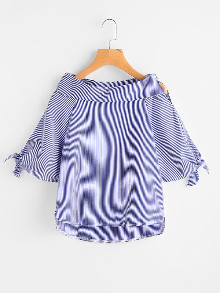 Romwe Vertical Striped Tie Cuff Dip Hem Blouse