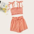 Romwe Gingham Shirred Cami Top With Belted Shorts