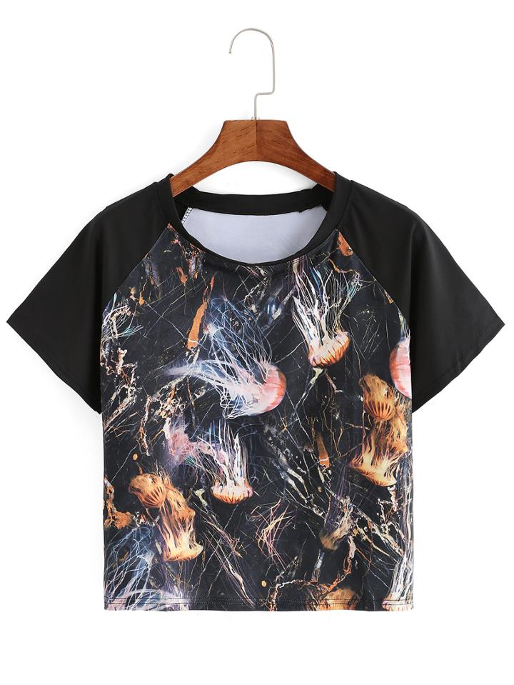 Romwe Raglan Sleeve Printed T-shirt