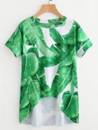 Romwe Palm Leaf Print Dip Hem Tee