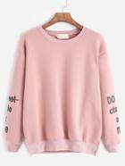 Romwe Pink Sleeve Letters Print Slit Side Sweatshirt