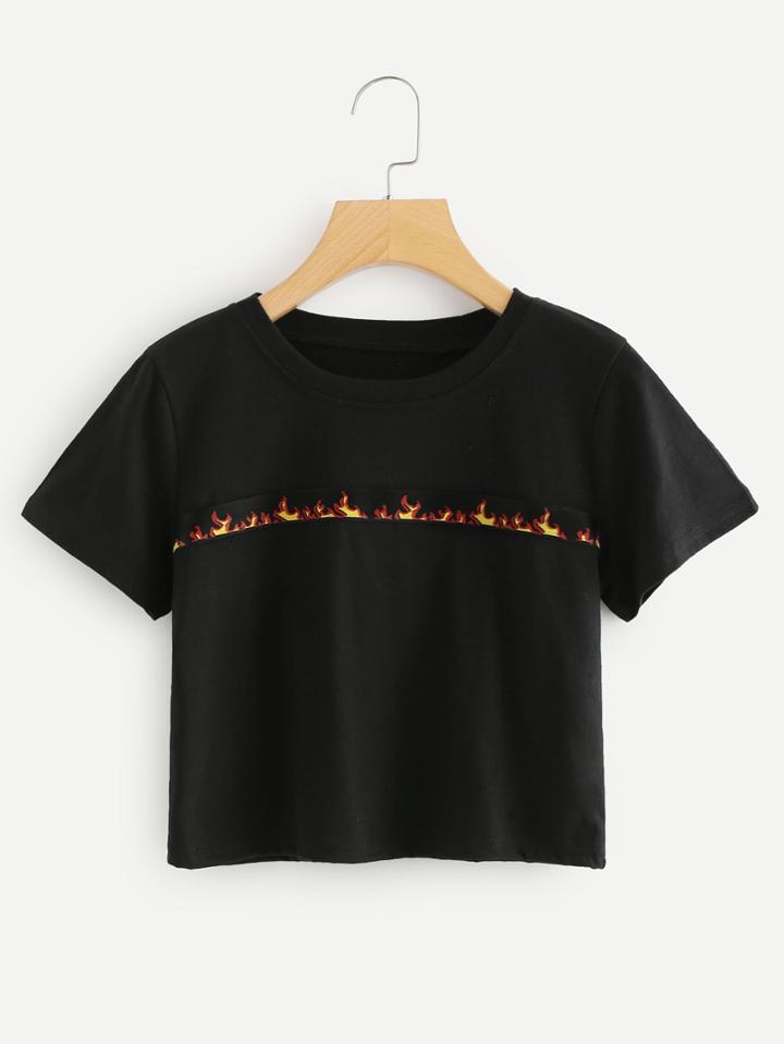 Romwe Fire Pattern Tape Detail Crop Tee