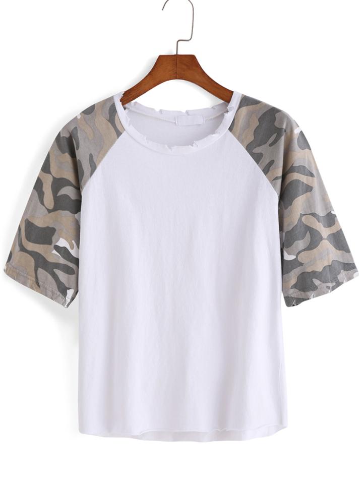 Romwe Short Sleeve Camouflage White T-shirt