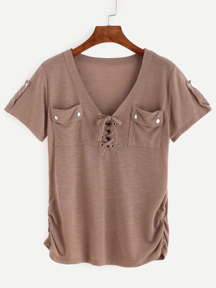 Romwe Brown V Neck Lace Up Shirred Side Epaulet T-shirt