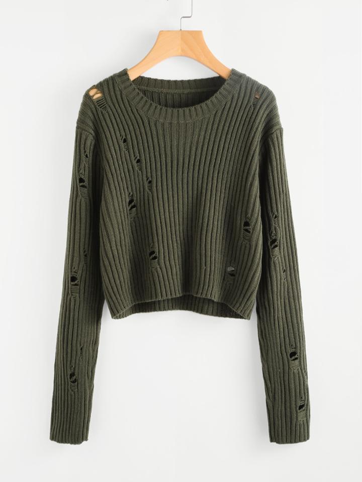 Romwe Rib Knit Distressed Jumper