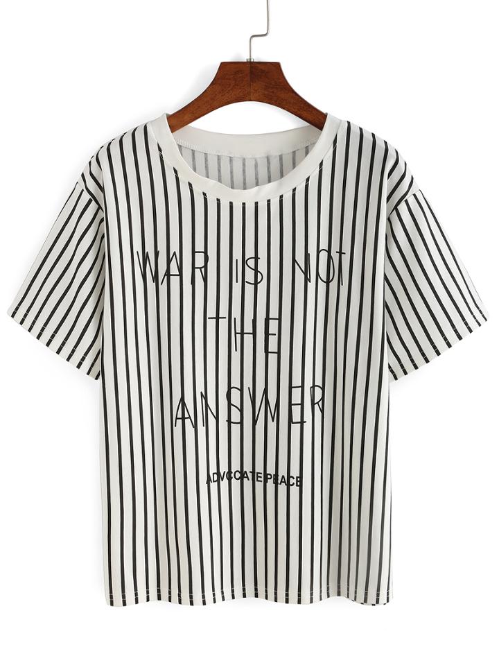 Romwe Black Vertical Stripe Letter Print T-shirt