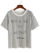 Romwe Black Vertical Stripe Letter Print T-shirt
