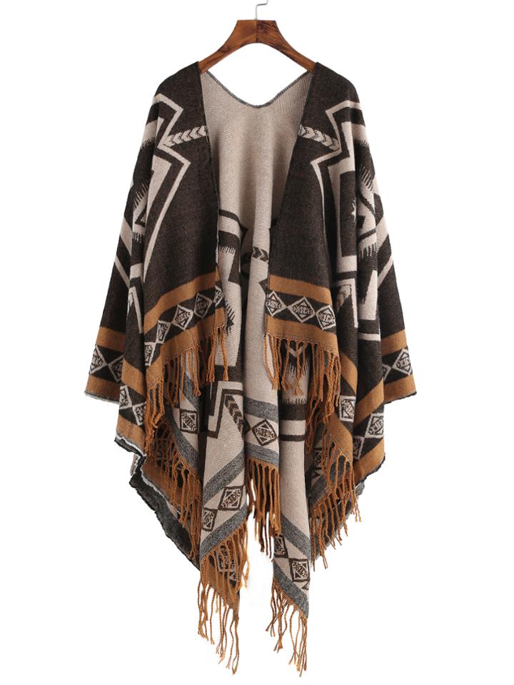 Romwe Coffee Contrast Edge Vintage Print Fringe Shawl Scarf