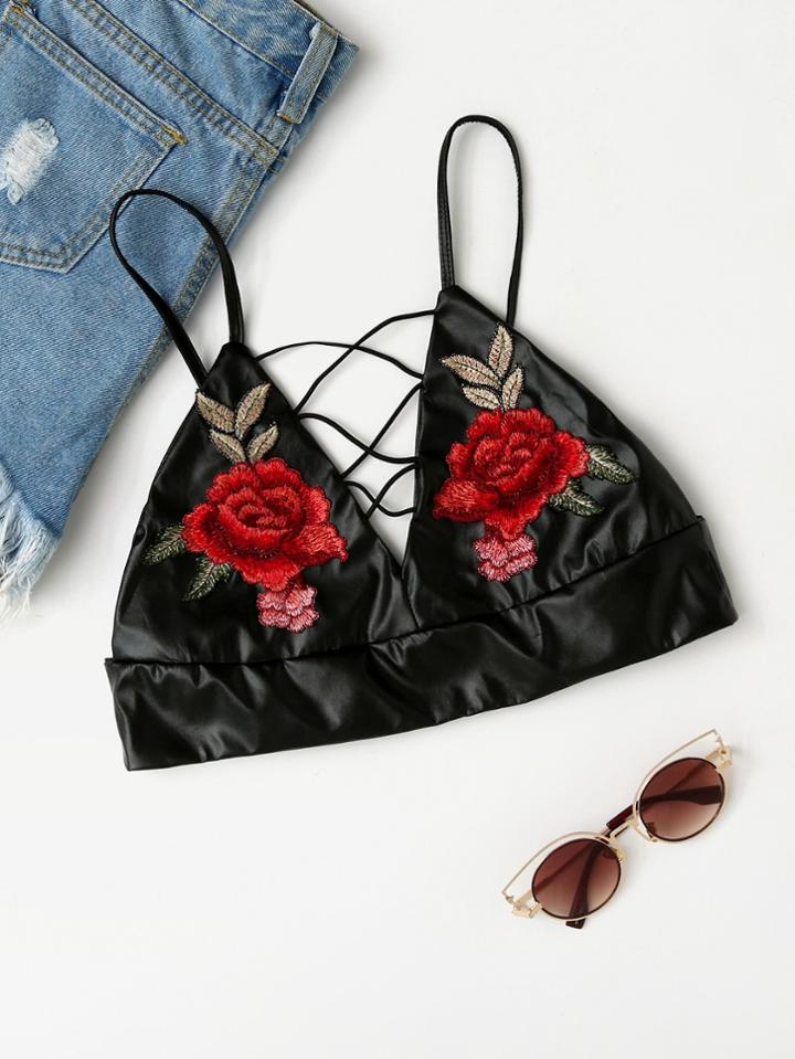 Romwe Embroidered Appliques Crisscross Pu Crop Cami Top