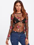 Romwe Botanical Embroidery Transparent Mesh Top