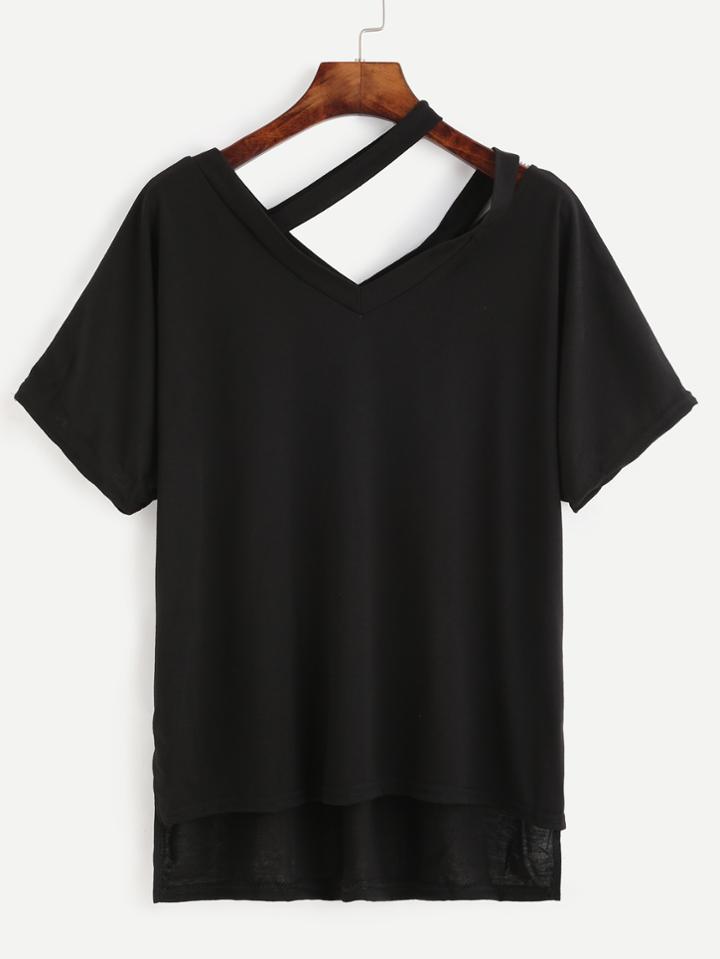 Romwe Black Asymmetric Cutout Neck High Low T-shirt