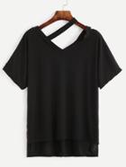 Romwe Black Asymmetric Cutout Neck High Low T-shirt
