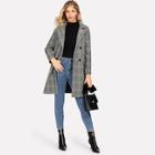 Romwe Double Breasted Plaid Notched Neck Coat