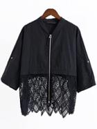 Romwe Black Elbow Sleeve Lace Trim Zipper Up Coat