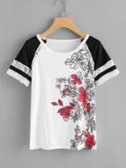 Romwe Lace Panel Floral Print Tee