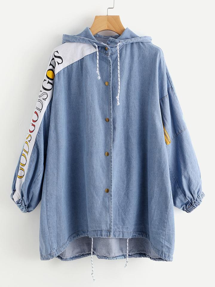 Romwe Hooded Drawstring Letter Print Dip Hem Denim Coat
