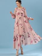 Romwe Pink Puff Sleeve Self-tie Florals Chiffon Dress