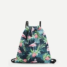 Romwe Flamingo And Flower Print Drawstring Backpack