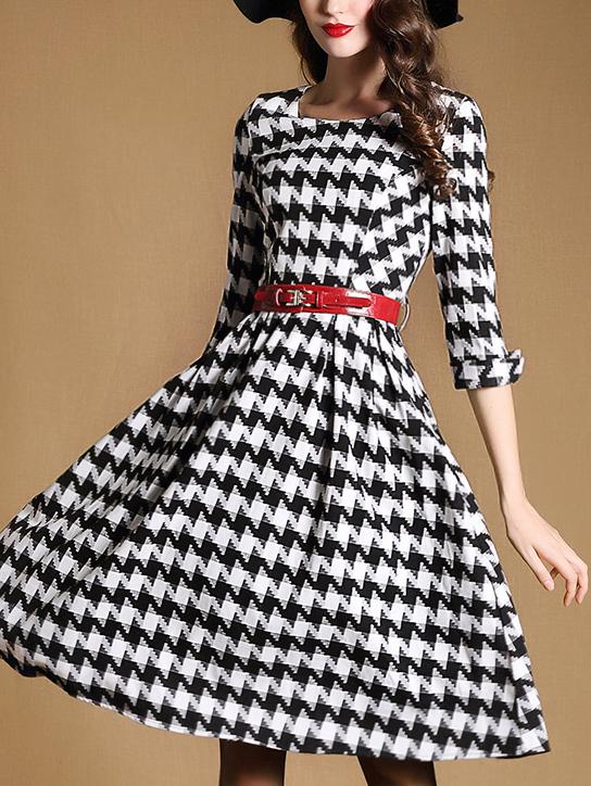 Romwe Black Round Neck Half Sleeve Pockets Houndstooth Drawstring Dress