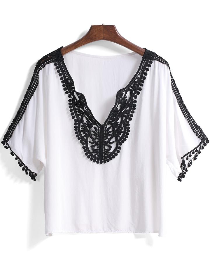 Romwe V Neck Contrast Lace Crop Blouse