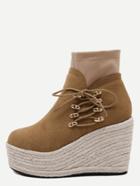 Romwe Brown Faux Suede Lace Up Espadrille Wedge Heel Boots