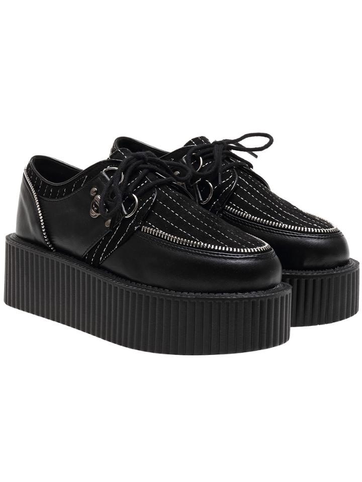 Romwe Black Pu Lace Up Heavy-bottomed Flats