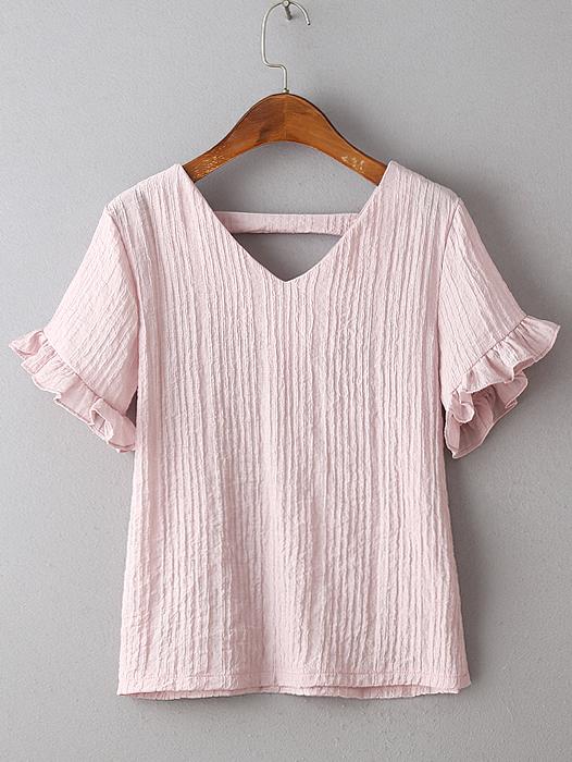 Romwe Pink Petal Sleeve V-back Blouse