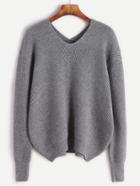 Romwe Grey Double V Neck High Low Sweater