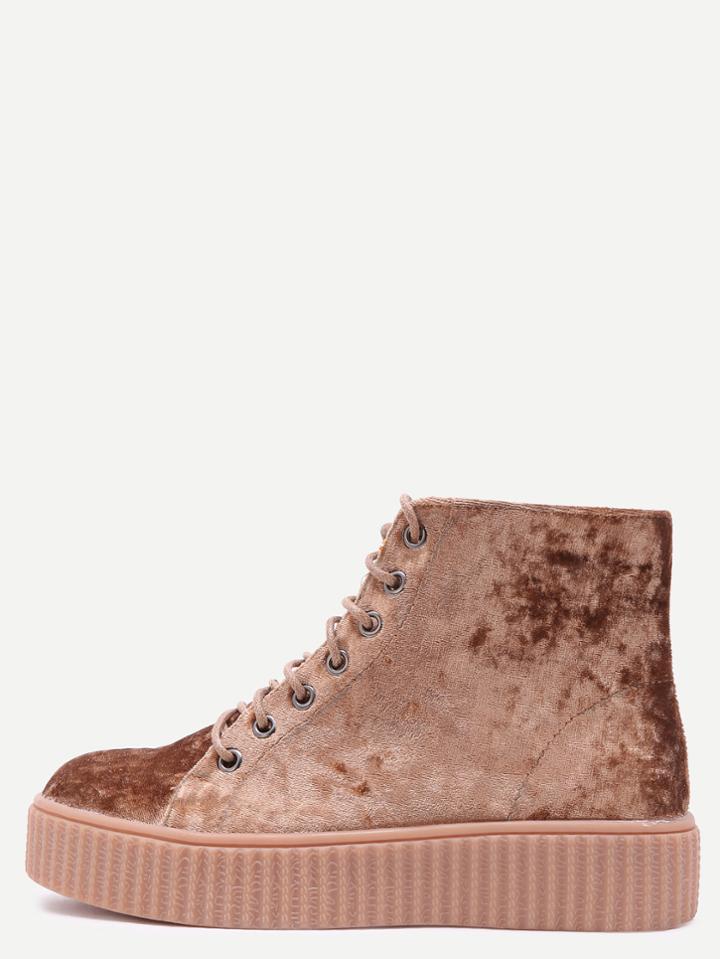 Romwe Champagne Velvet Lace Up Rubber Sole Booties