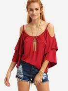 Romwe Burgundy Cold Shoulder Tiered Sleeve Top
